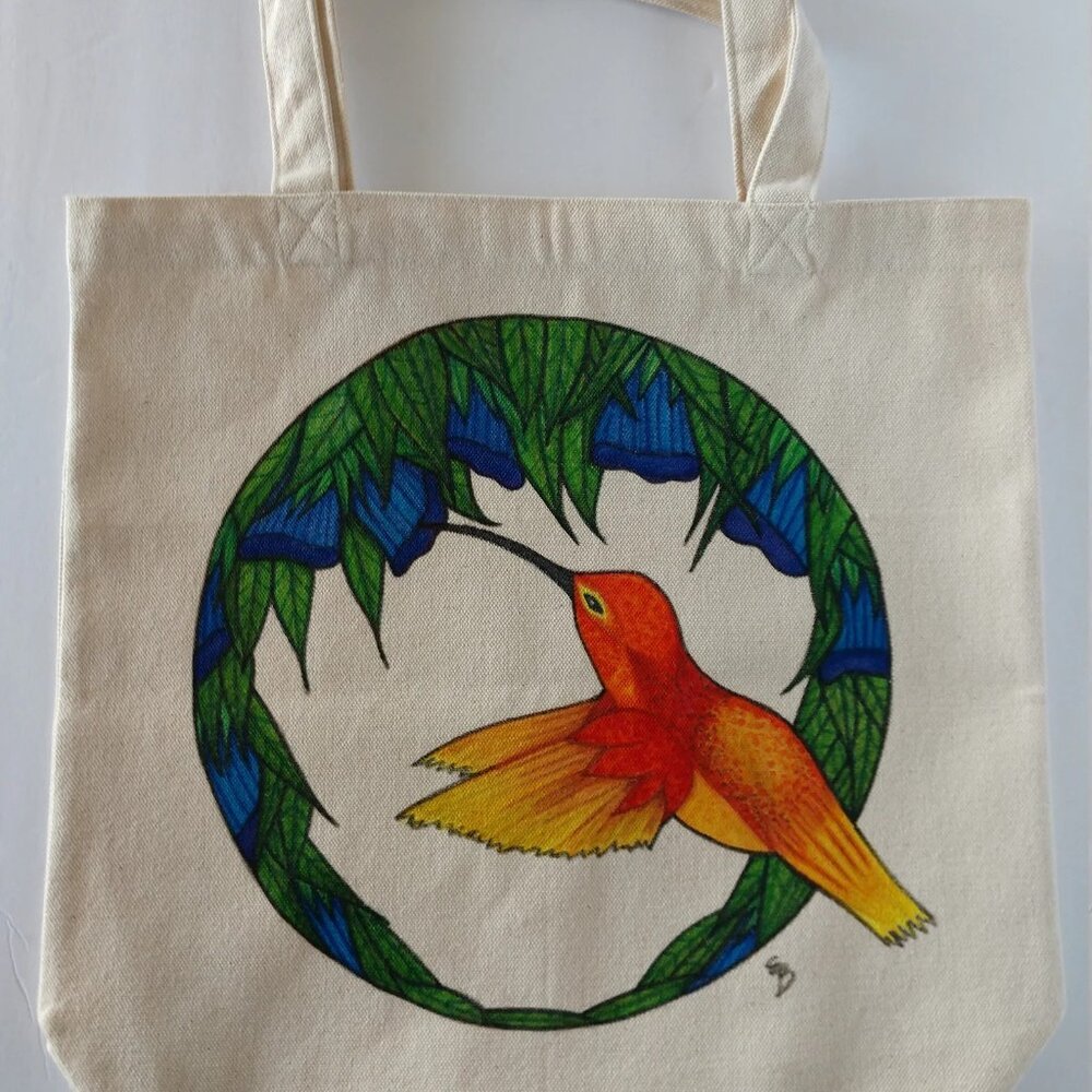 Hand-Painted Hummingbird Tote Bag : Floral Garden Reusable Canvas Bag  NWT - Picture 3 of 15